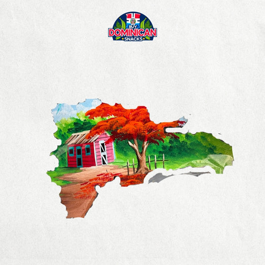 Imán con forma de isla dominicana con pintura de un paisaje campestre