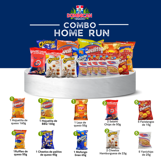 Home Run Snack Combo (20 items): BBQ Hojuelitas, Yanichips, Salami Chips, Cheetos Burguer, Fandango, and more Dominican treats for game day.