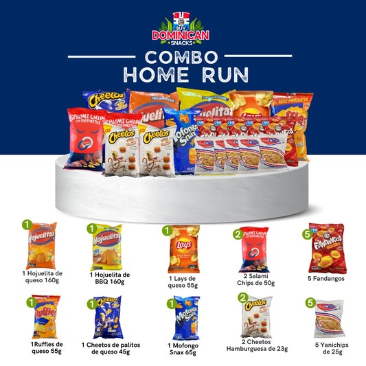 Home Run Snack Combo (20 items): BBQ Hojuelitas, Yanichips, Salami Chips, Cheetos Burguer, Jungla cookies, and more Dominican treats for game day.