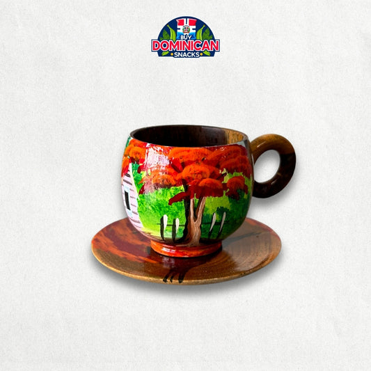 Taza de espresso de madera con diseño de campo dominicano