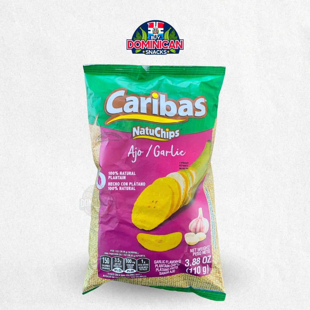 Chips de Plátano con Ajo Natuchips Caribas 100% Dominicanas 110g - Auténticos chips de República Dominicana